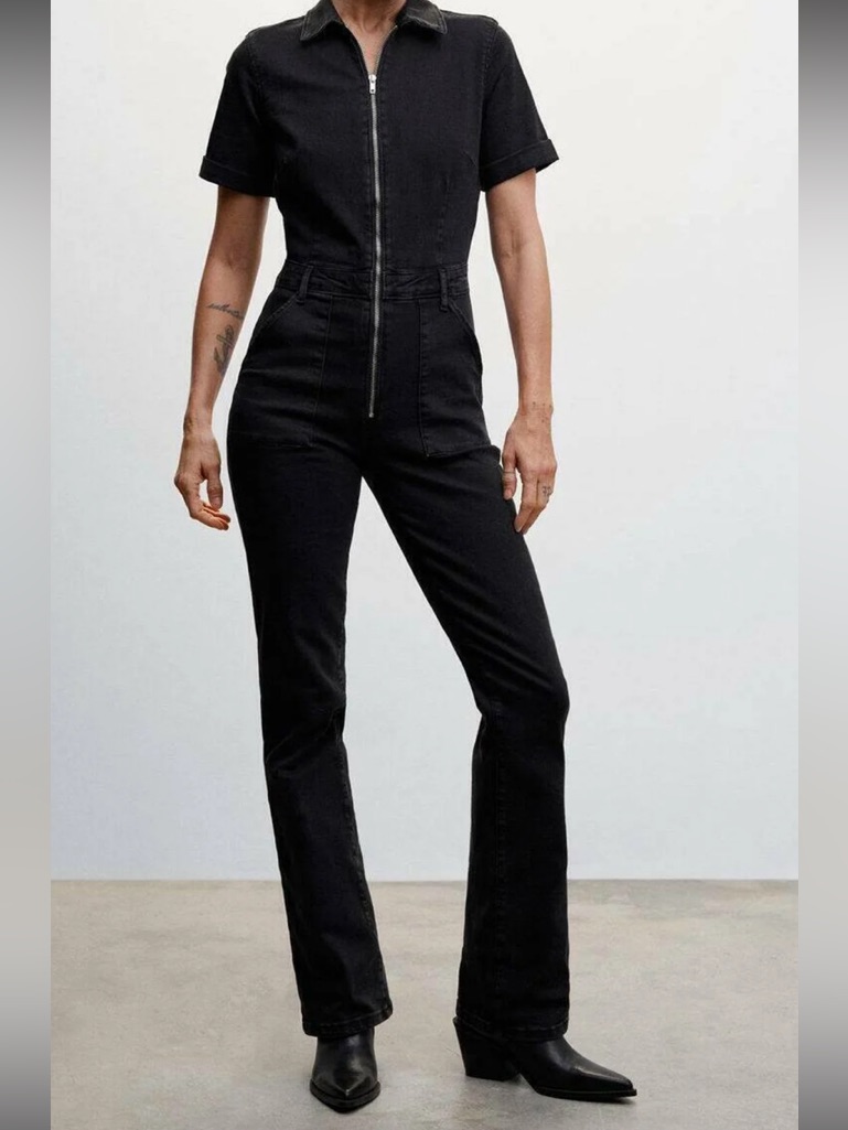 Mango Black Denim Short-Sleeve Zip Front Jumpsuit